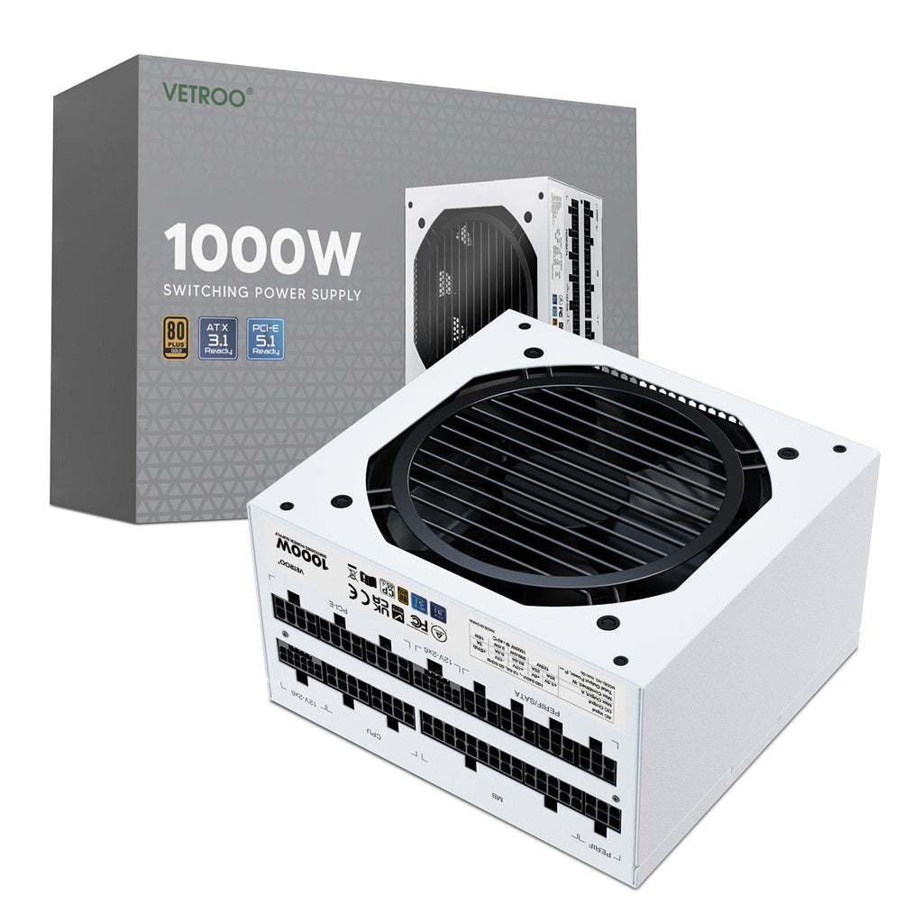 Vetroo 1000W Power Supply ATX 3.1 Ready, Dual PCIe 5.1, 80 Plus Gold, Full Modular FDB Fan