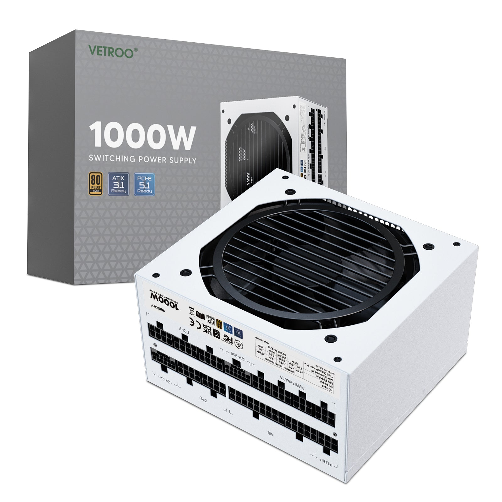 VETROO 1000W 電源ユニット CP-PSU-VT-GV1000(WT) Vetroo 1000W Power Supply ATX 3.1 Ready, Dual PCIe 5.1, 80 Plus Gold,