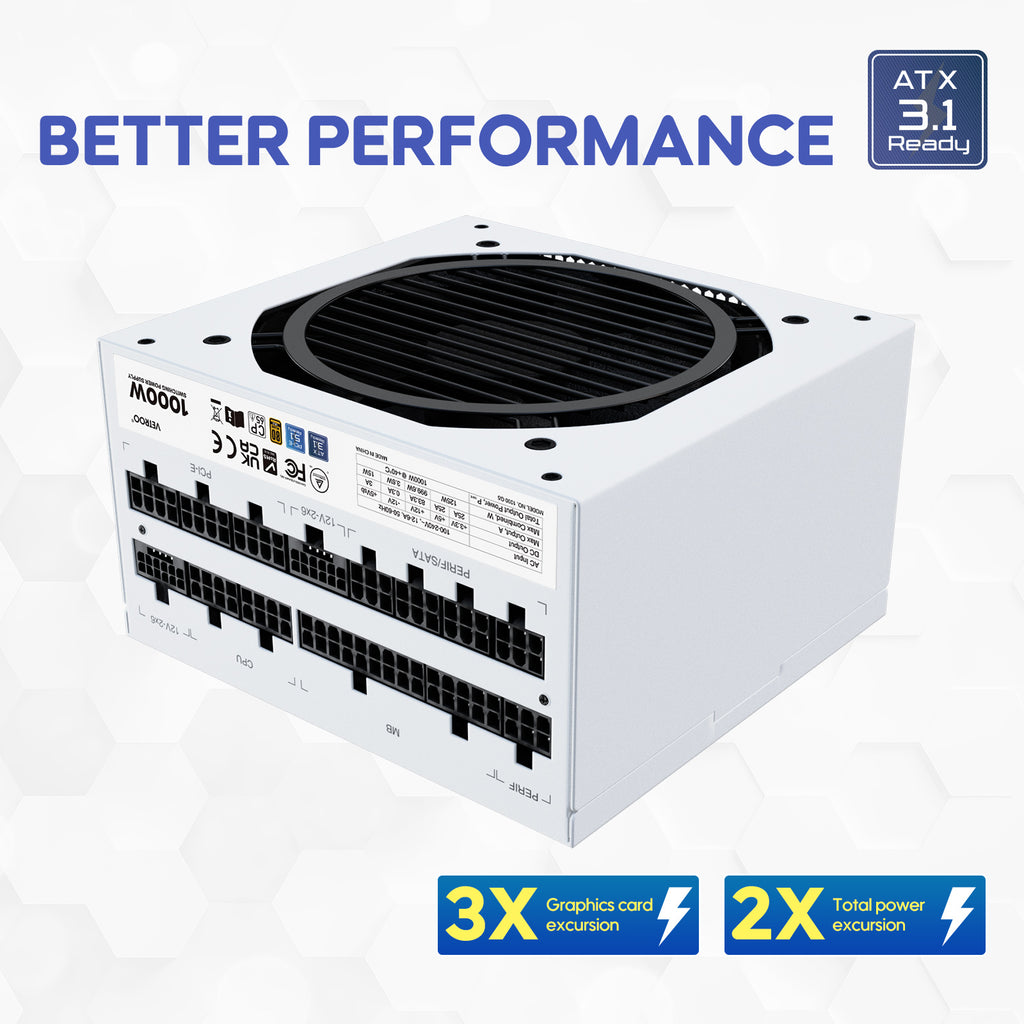 Vetroo 1000W Power Supply ATX 3.1 Ready, Dual PCIe 5.1, 80 Plus Gold, Full Modular FDB Fan