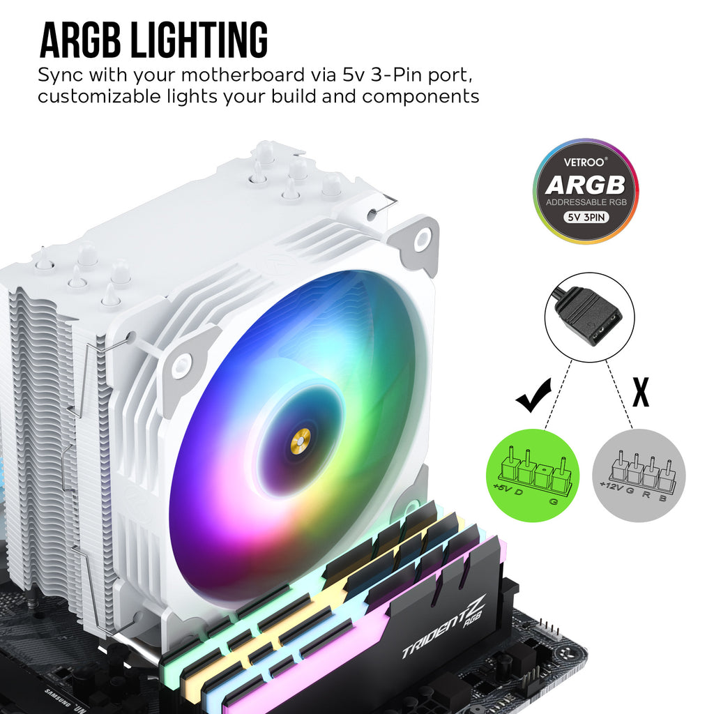 Vetroo V5 120mm PWM, ARGB Sync CPU Cooler, 5 Heat Pipes, 150W TDP