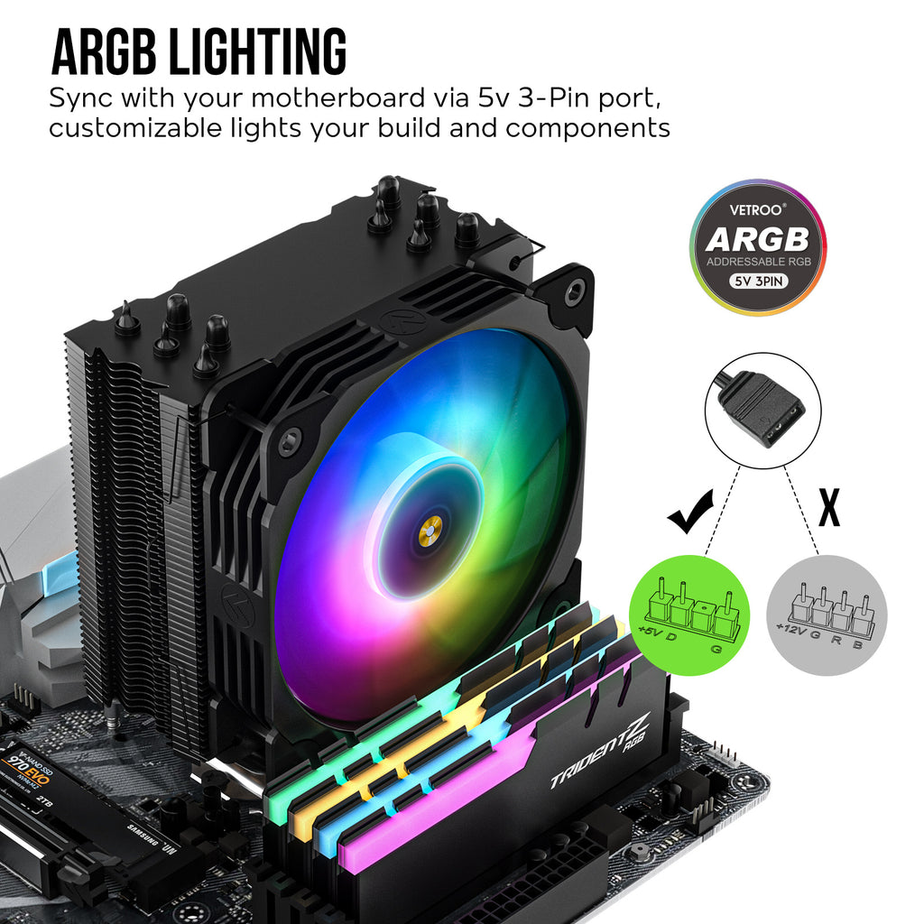 Vetroo V5 120mm PWM, ARGB Sync CPU Cooler, 5 Heat Pipes, 150W TDP