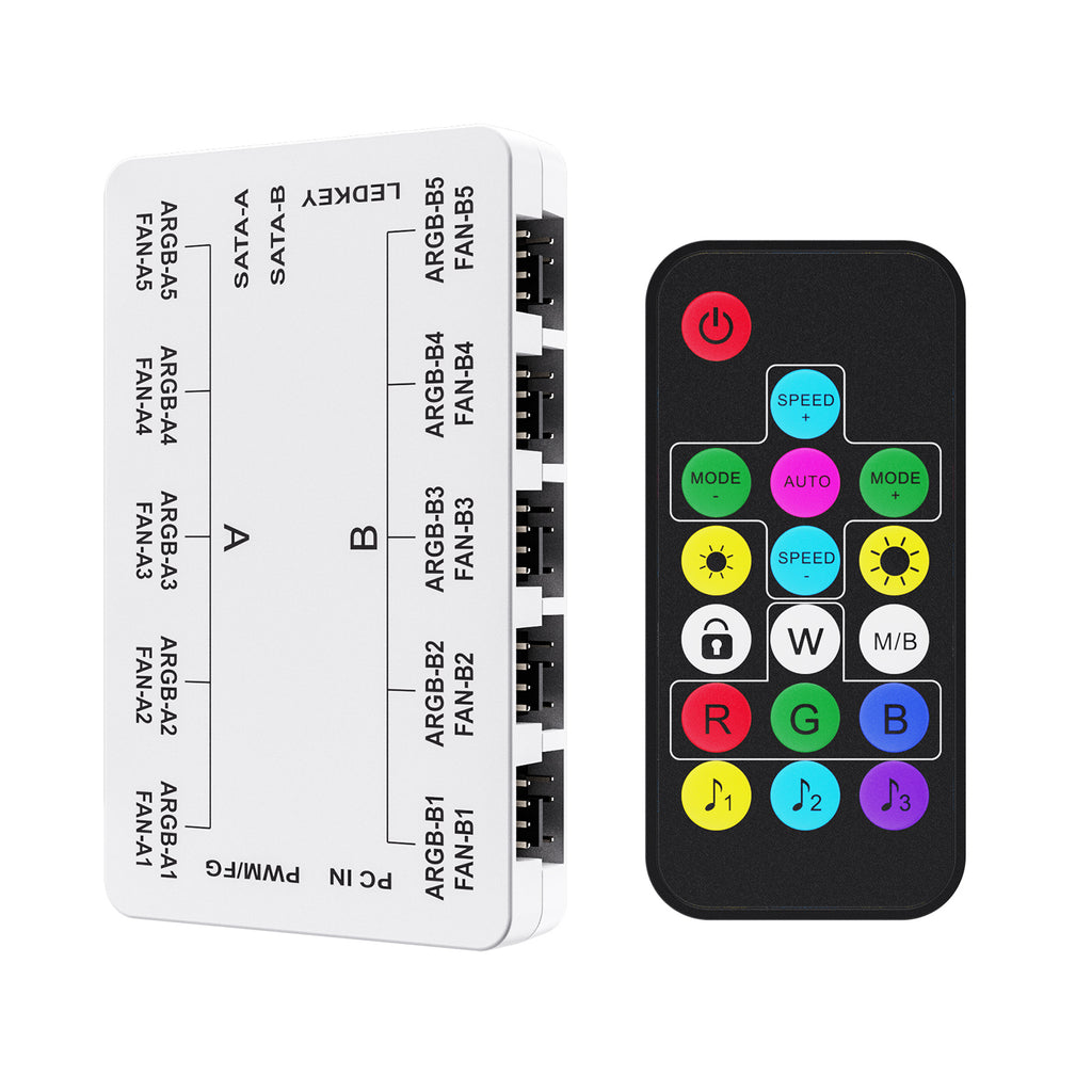 Vetroo 20-Port Case Fan Hub with Remote, SATA Power 10-Port 4-Pin PWM Fan Speed and 10-Port 3-Pin ARGB Lighting Controller