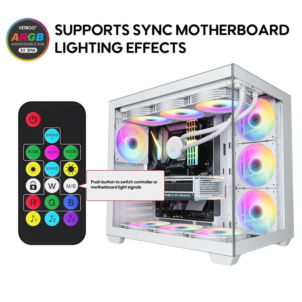 Vetroo 20-Port Case Fan Hub with Remote, SATA Power 10-Port 4-Pin PWM Fan Speed and 10-Port 3-Pin ARGB Lighting Controller