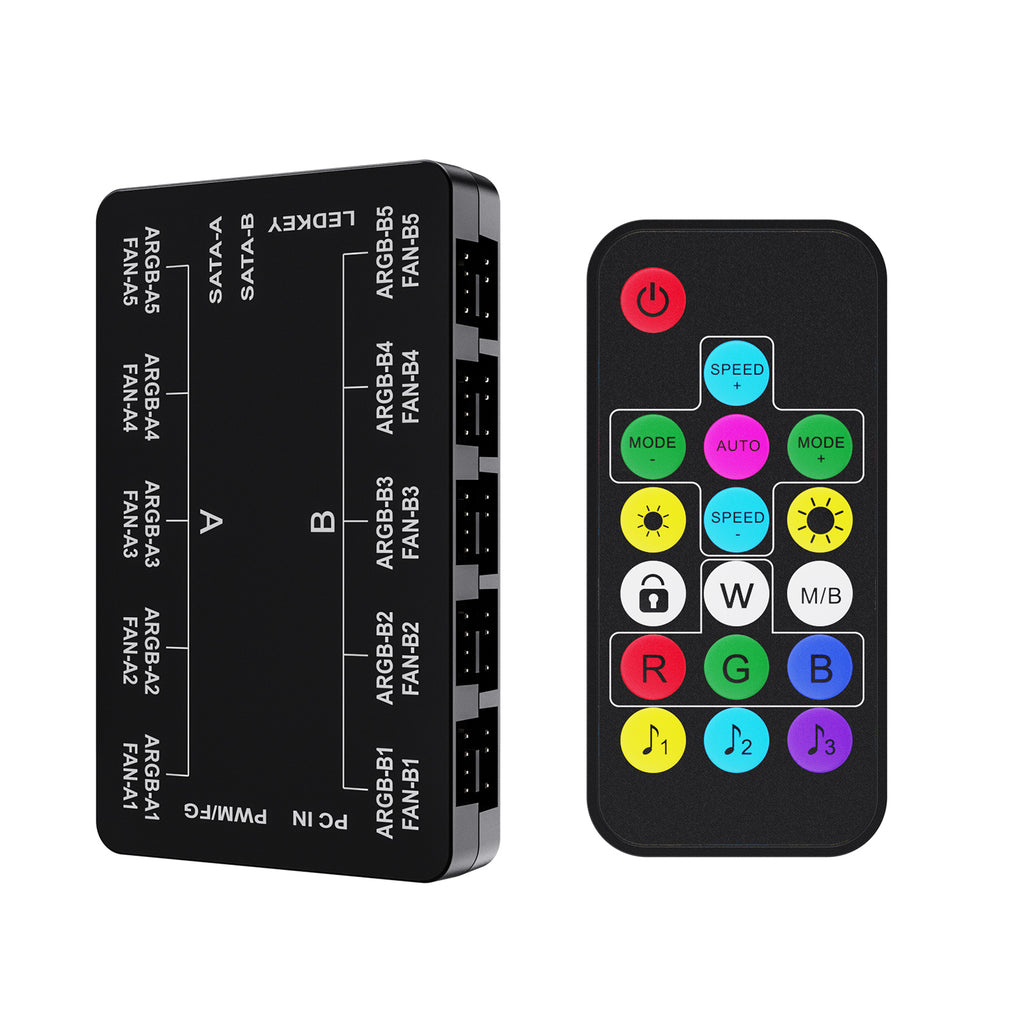 Vetroo 20-Port Case Fan Hub with Remote, SATA Power 10-Port 4-Pin PWM Fan Speed and 10-Port 3-Pin ARGB Lighting Controller