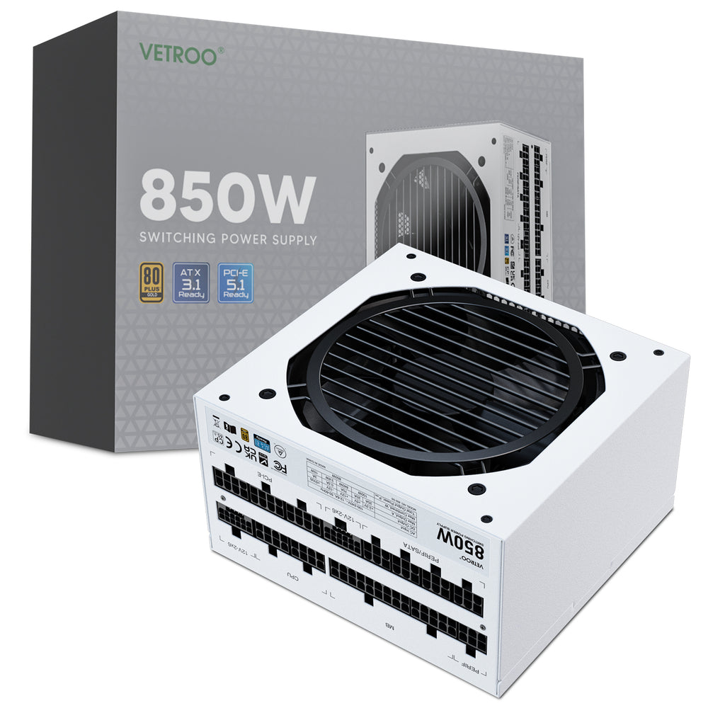 Vetroo 850W Power Supply Dual PCIe 5.1 ATX 3.1 Ready, 80 Plus Gold Full Modular, Quiet Operation with 120mm FDB Fan, 10-Year Warranty