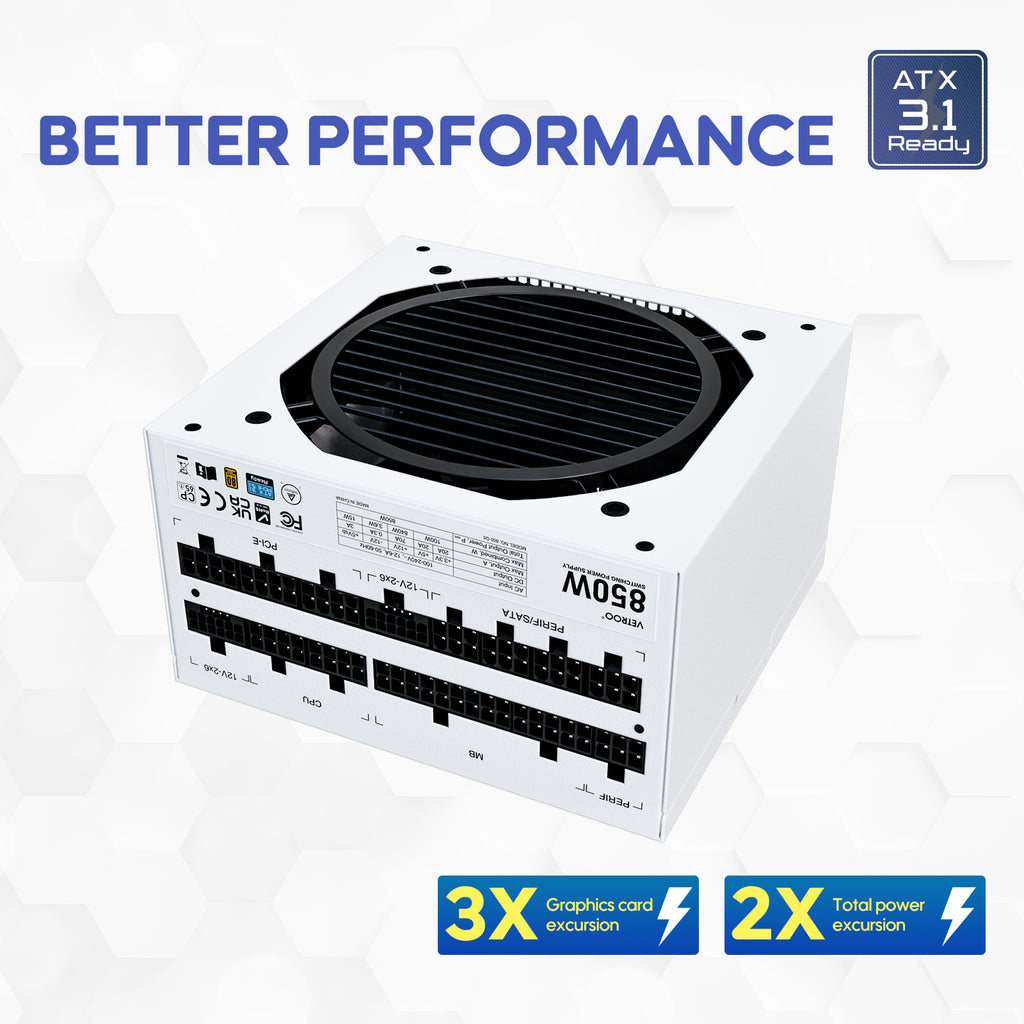 Vetroo 850W Power Supply Dual PCIe 5.1 ATX 3.1 Ready, 80 Plus Gold Full Modular, Quiet Operation with 120mm FDB Fan, 10-Year Warranty