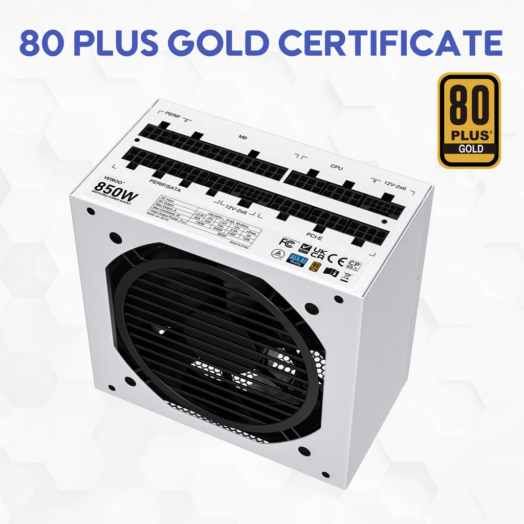 Vetroo 850W Power Supply Dual PCIe 5.1 ATX 3.1 Ready, 80 Plus Gold Full Modular, Quiet Operation with 120mm FDB Fan, 10-Year Warranty