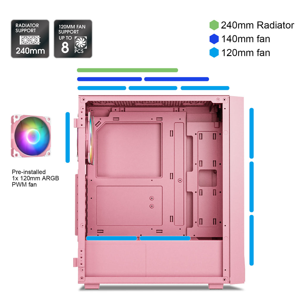 Vetroo M05 Pink ATX PC Gaming Case with Slashes on Front Panel & Tempered Glass Side Panel, Pre-Installed ARGB Fan, 7 Removable PCI Slots, Supports a 240mm Water Cooler and Type-C Ready