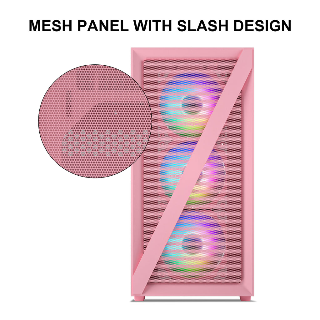 Vetroo M05 Pink ATX PC Gaming Case with Slashes on Front Panel & Tempered Glass Side Panel, Pre-Installed ARGB Fan, 7 Removable PCI Slots, Supports a 240mm Water Cooler and Type-C Ready
