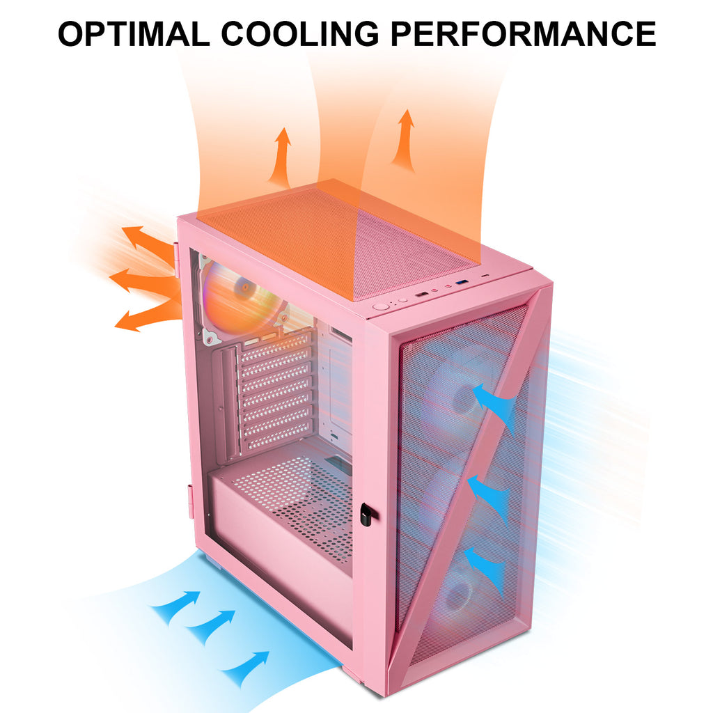 Vetroo M05 Pink ATX PC Gaming Case with Slashes on Front Panel & Tempered Glass Side Panel, Pre-Installed ARGB Fan, 7 Removable PCI Slots, Supports a 240mm Water Cooler and Type-C Ready