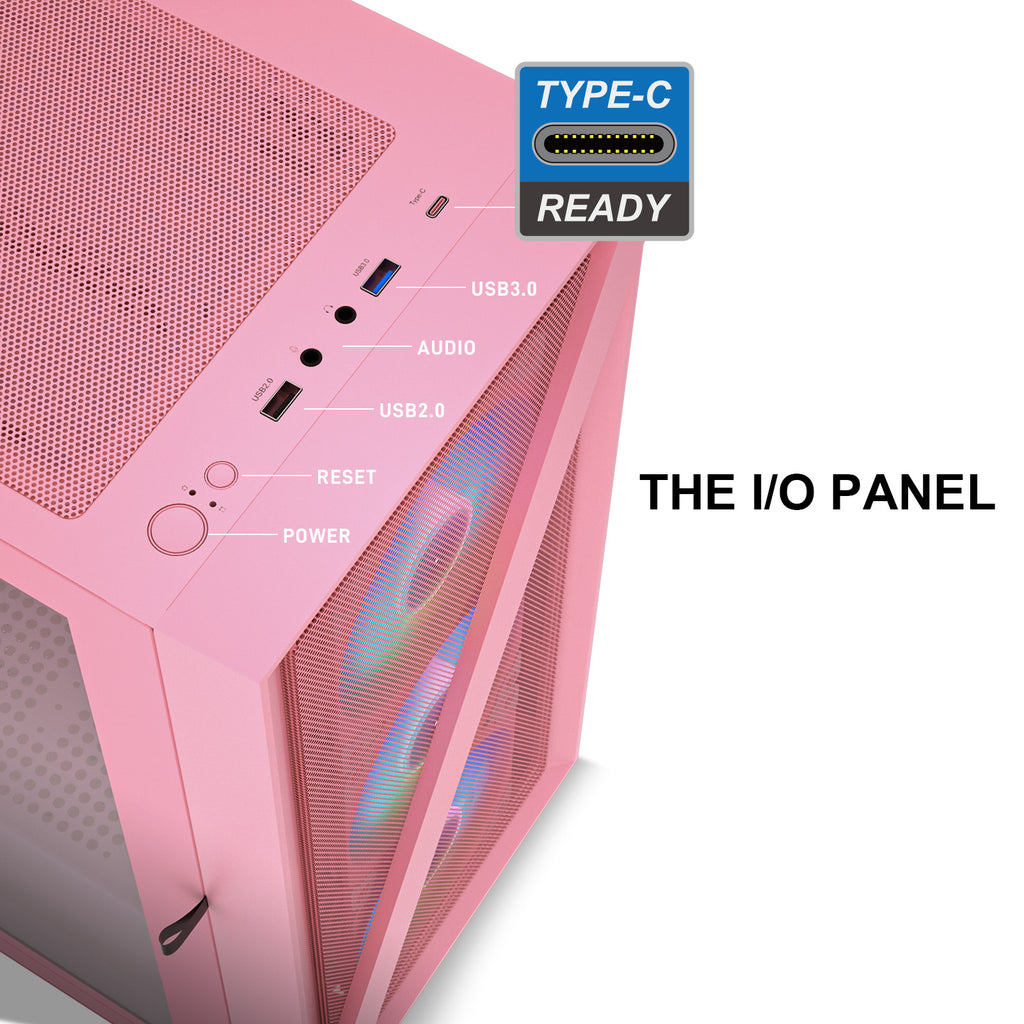 Vetroo M05 Pink ATX PC Gaming Case with Slashes on Front Panel & Tempered Glass Side Panel, Pre-Installed ARGB Fan, 7 Removable PCI Slots, Supports a 240mm Water Cooler and Type-C Ready