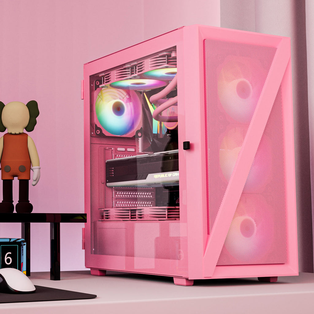 Vetroo M05 Pink ATX PC Gaming Case with Slashes on Front Panel & Tempered Glass Side Panel, Pre-Installed ARGB Fan, 7 Removable PCI Slots, Supports a 240mm Water Cooler and Type-C Ready