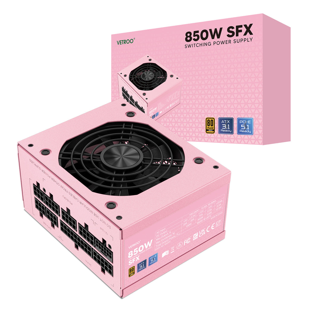 Vetroo 850W SFX Power Supply ATX 3.1 & PCIE 5.1 Ready, 80 Plus Gold Certificate Fully Modular, 90mm FDB Fan for Low-Noise Operation, SFX-to-ATX Bracket, 10-Year Warranty