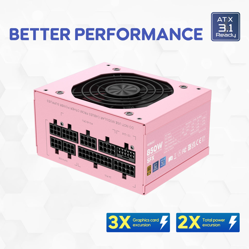 Vetroo 850W SFX Power Supply ATX 3.1 & PCIE 5.1 Ready, 80 Plus Gold Certificate Fully Modular, 90mm FDB Fan for Low-Noise Operation, SFX-to-ATX Bracket, 10-Year Warranty