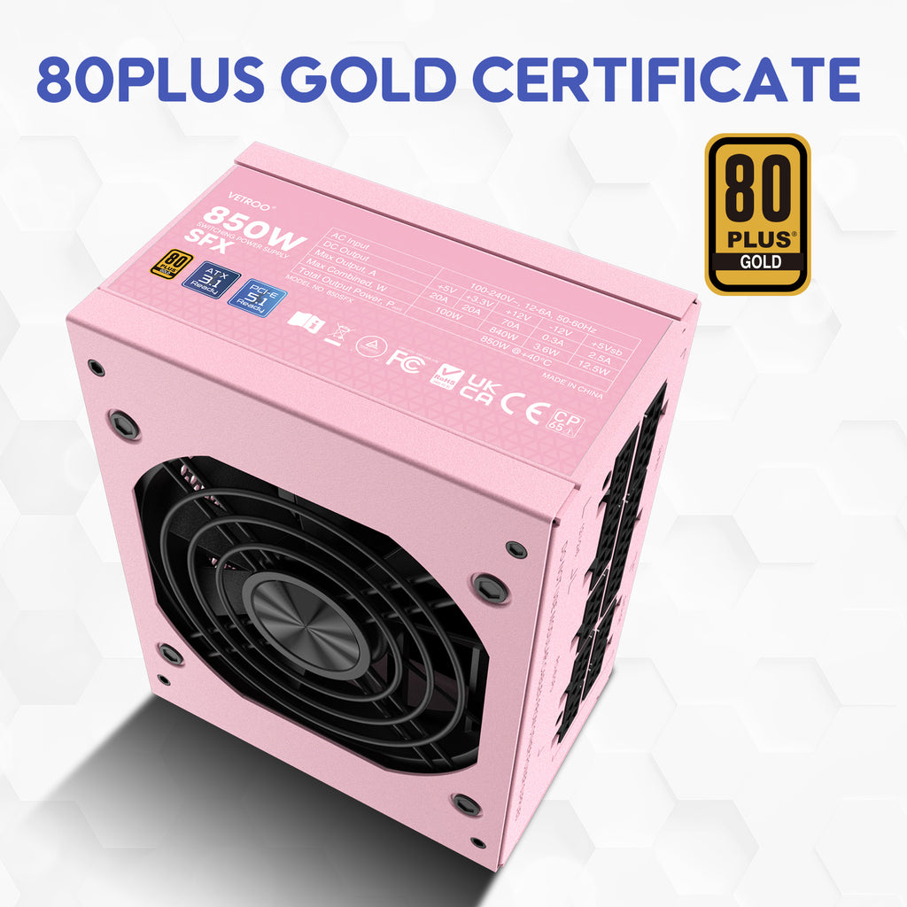 Vetroo 850W SFX Power Supply ATX 3.1 & PCIE 5.1 Ready, 80 Plus Gold Certificate Fully Modular, 90mm FDB Fan for Low-Noise Operation, SFX-to-ATX Bracket, 10-Year Warranty