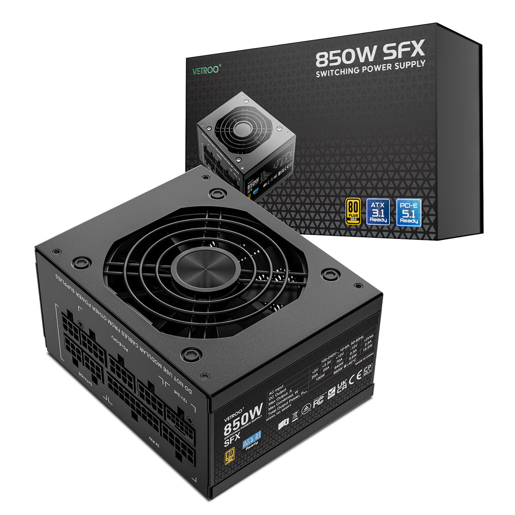 Vetroo 850W SFX Power Supply ATX 3.1 & PCIE 5.1 Ready, 80 Plus Gold Certificate Fully Modular, 90mm FDB Fan for Low-Noise Operation, SFX-to-ATX Bracket, 10-Year Warranty