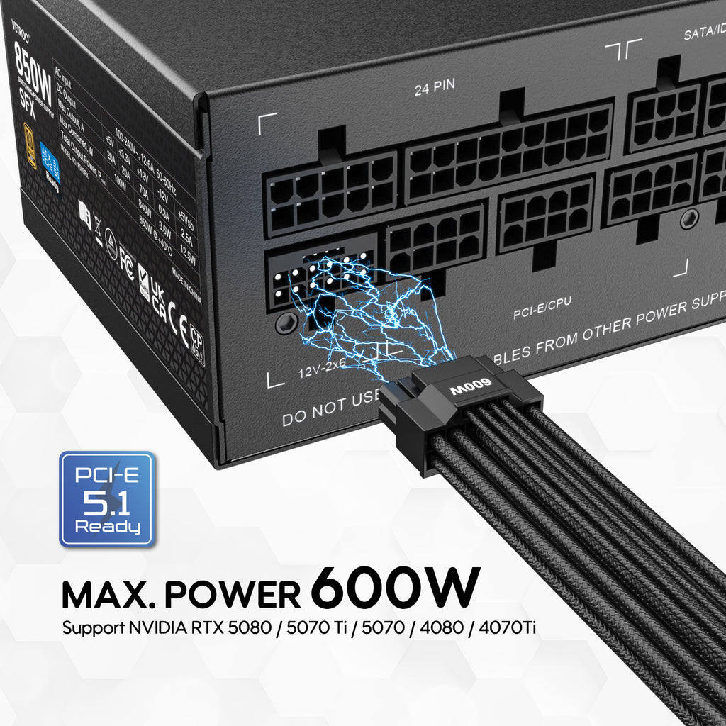Vetroo 850W SFX Power Supply ATX 3.1 & PCIE 5.1 Ready, 80 Plus Gold Certificate Fully Modular, 90mm FDB Fan for Low-Noise Operation, SFX-to-ATX Bracket, 10-Year Warranty