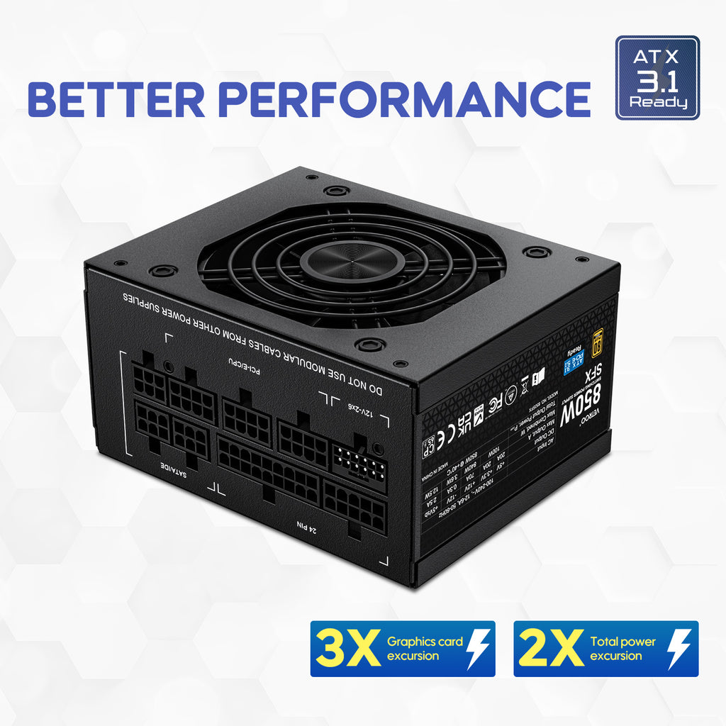 Vetroo 850W SFX Power Supply ATX 3.1 & PCIE 5.1 Ready, 80 Plus Gold Certificate Fully Modular, 90mm FDB Fan for Low-Noise Operation, SFX-to-ATX Bracket, 10-Year Warranty