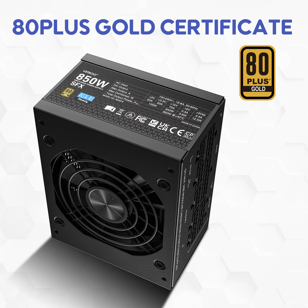 Vetroo 850W SFX Power Supply ATX 3.1 & PCIE 5.1 Ready, 80 Plus Gold Certificate Fully Modular, 90mm FDB Fan for Low-Noise Operation, SFX-to-ATX Bracket, 10-Year Warranty