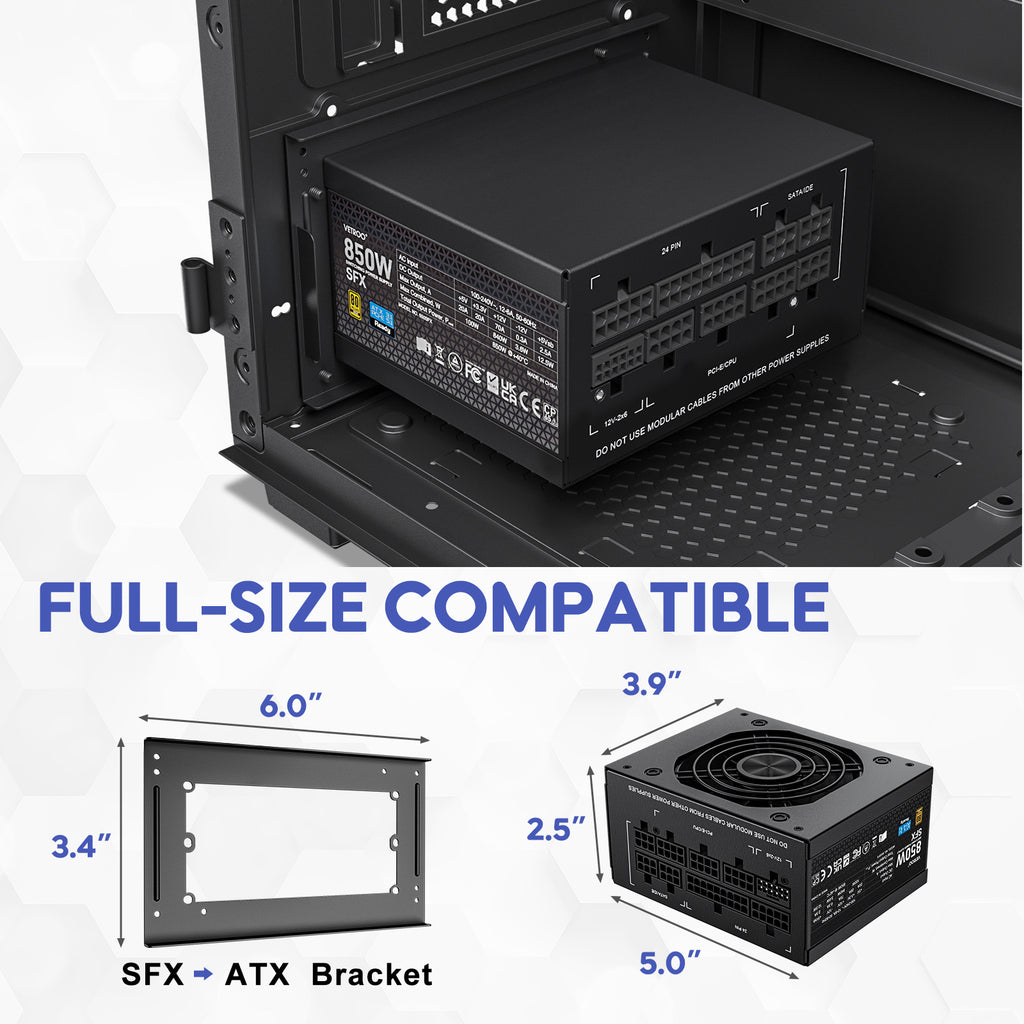 Vetroo 850W SFX Power Supply ATX 3.1 & PCIE 5.1 Ready, 80 Plus Gold Certificate Fully Modular, 90mm FDB Fan for Low-Noise Operation, SFX-to-ATX Bracket, 10-Year Warranty