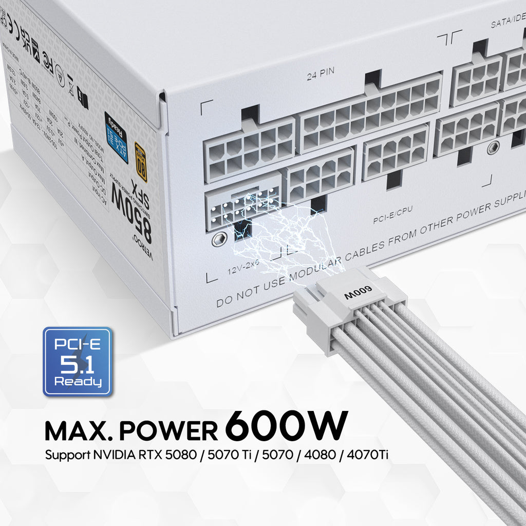 Vetroo 850W SFX Power Supply ATX 3.1 & PCIE 5.1 Ready, 80 Plus Gold Certificate Fully Modular, 90mm FDB Fan for Low-Noise Operation, SFX-to-ATX Bracket, 10-Year Warranty