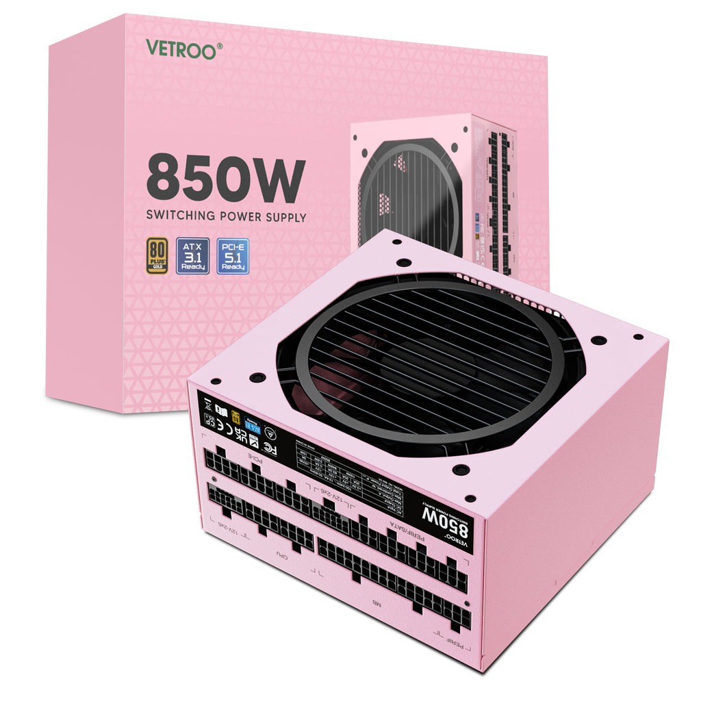 Vetroo 850W Power Supply Dual PCIe 5.1 ATX 3.1 Ready, 80 Plus Gold Full Modular, Quiet Operation with 120mm FDB Fan, 10-Year Warranty