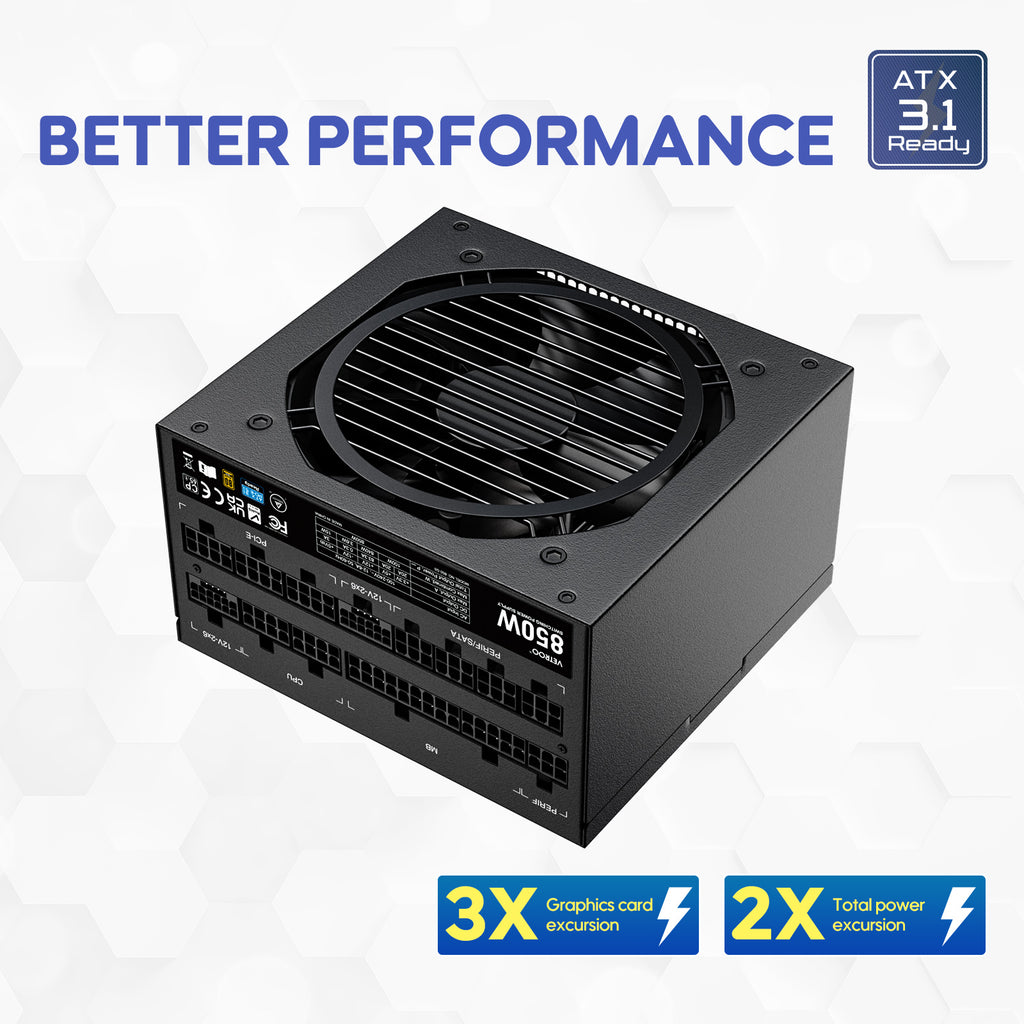 Vetroo 850W Power Supply Dual PCIe 5.1 ATX 3.1 Ready, 80 Plus Gold Full Modular, Quiet Operation with 120mm FDB Fan, 10-Year Warranty