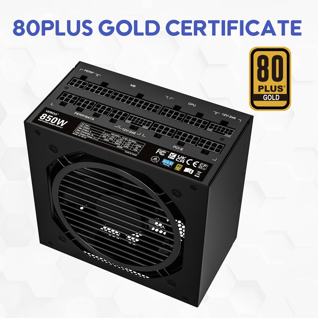 Vetroo 850W Power Supply Dual PCIe 5.1 ATX 3.1 Ready, 80 Plus Gold Full Modular, Quiet Operation with 120mm FDB Fan, 10-Year Warranty