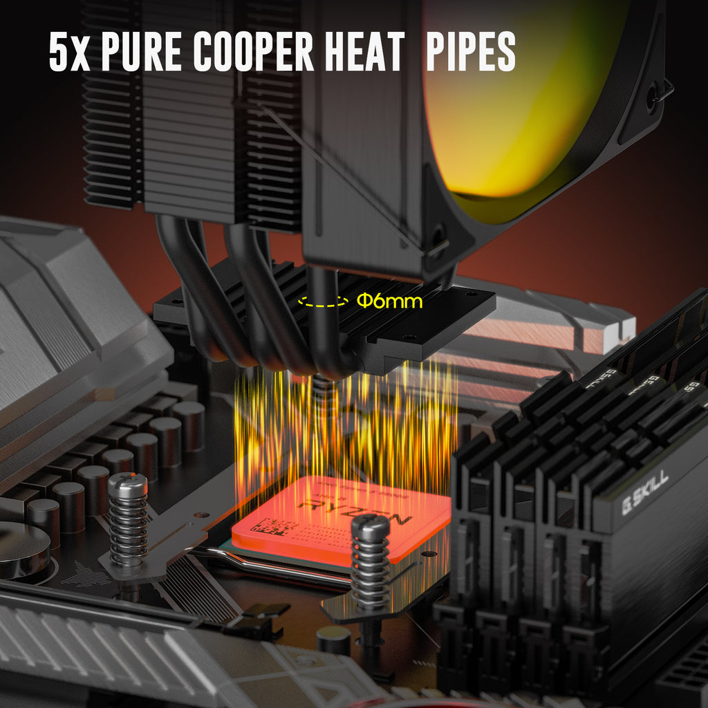 Vetroo V5E CPU Air Cooler with Brushed Finish Design & 5 Heat Pipes, 120mm FDB & PWM Fan, ARGB LED Lighting Sync Cooling for Intel LGA 1851/1700/1200/115X AMD AM5/AM4 - Black