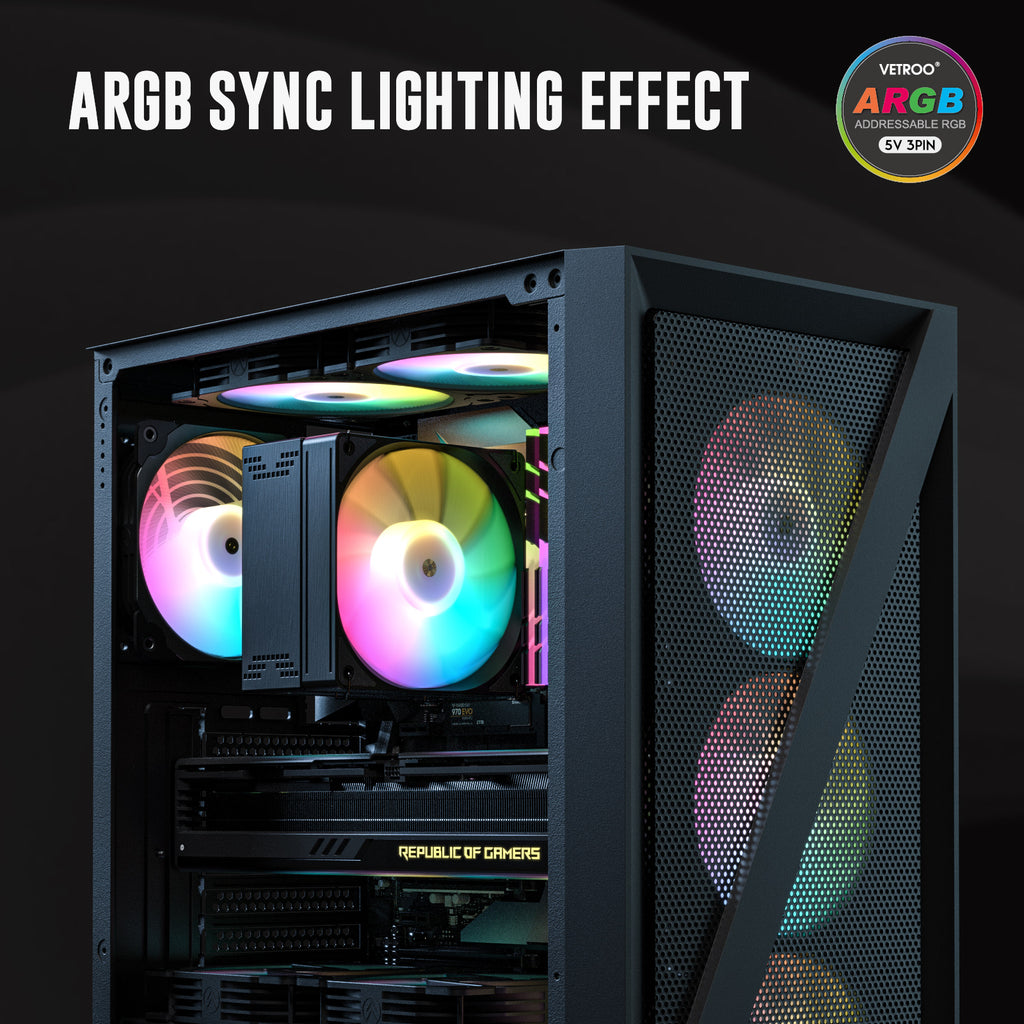 Vetroo V5E CPU Air Cooler with Brushed Finish Design & 5 Heat Pipes, 120mm FDB & PWM Fan, ARGB LED Lighting Sync Cooling for Intel LGA 1851/1700/1200/115X AMD AM5/AM4 - Black