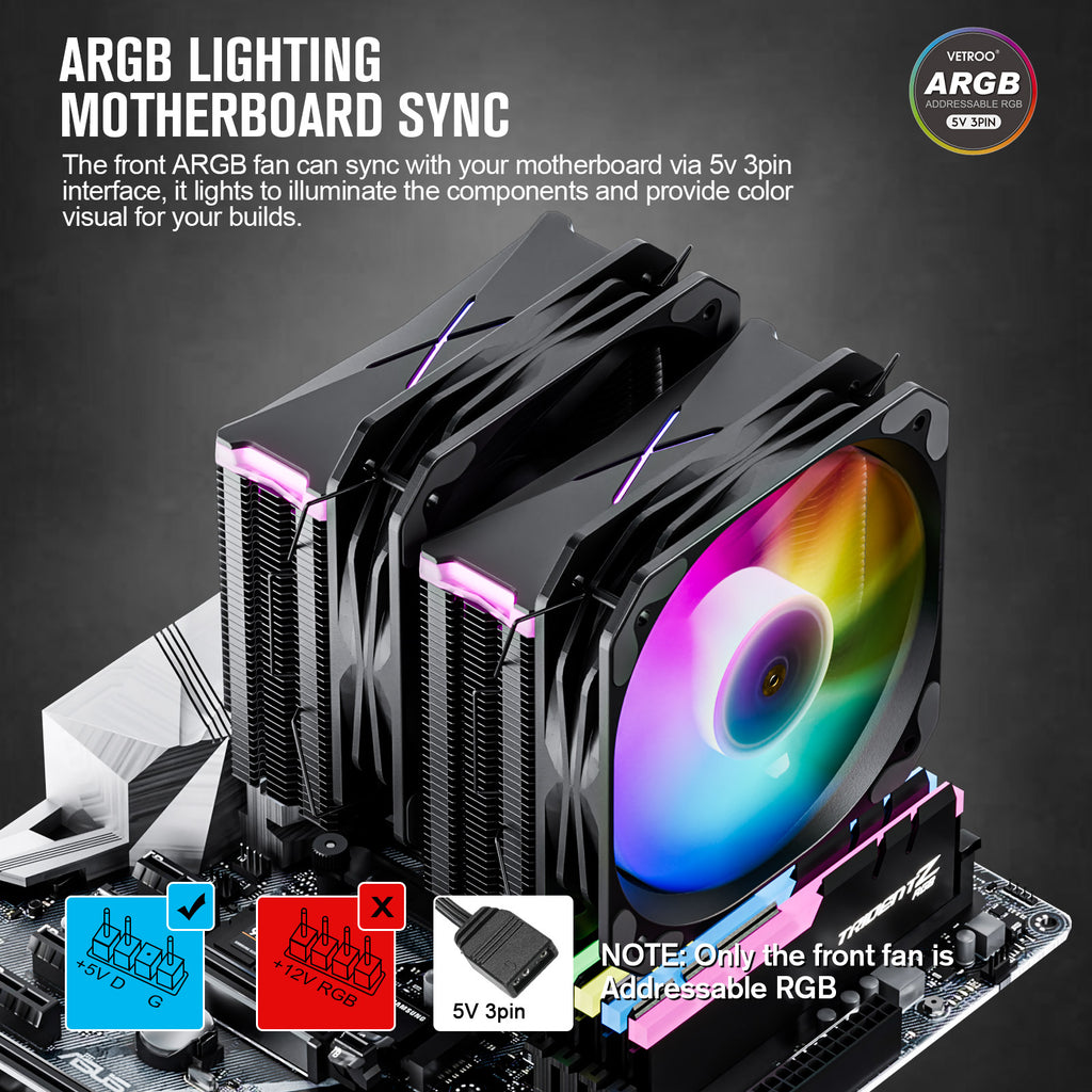 Vetroo U6PRO Black Dual Tower CPU Cooler w/ 6pcs Heatpipes, Top ARGB Lighting, 120mm ARGB & PWM Air Cooler 220W TDP for Intel LGA 1700/1200 AMD.