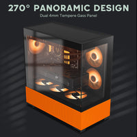 Vetroo K3 Mid-Tower ATX PC Gaming Case 270° Full View Dual Tempered Glass, 360mm Radiator Support Type-C Ready, High-Airflow Perforated Top Panel, Support for 40 Series GPUs - Black & Orange