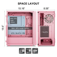 Vetroo M05 Pink ATX PC Gaming Case with Slashes on Front Panel & Tempered Glass Side Panel, Pre-Installed ARGB Fan, 7 Removable PCI Slots, Supports a 240mm Water Cooler and Type-C Ready
