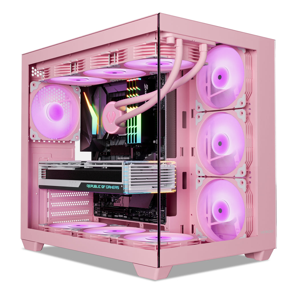 Vetroo AL900 Mid-Tower ATX PC Case with Hidden-Connector Motherboard  Support - Supports up to 10 x 120mm Fans, and 360mm Water Cooler System -  Pink, 