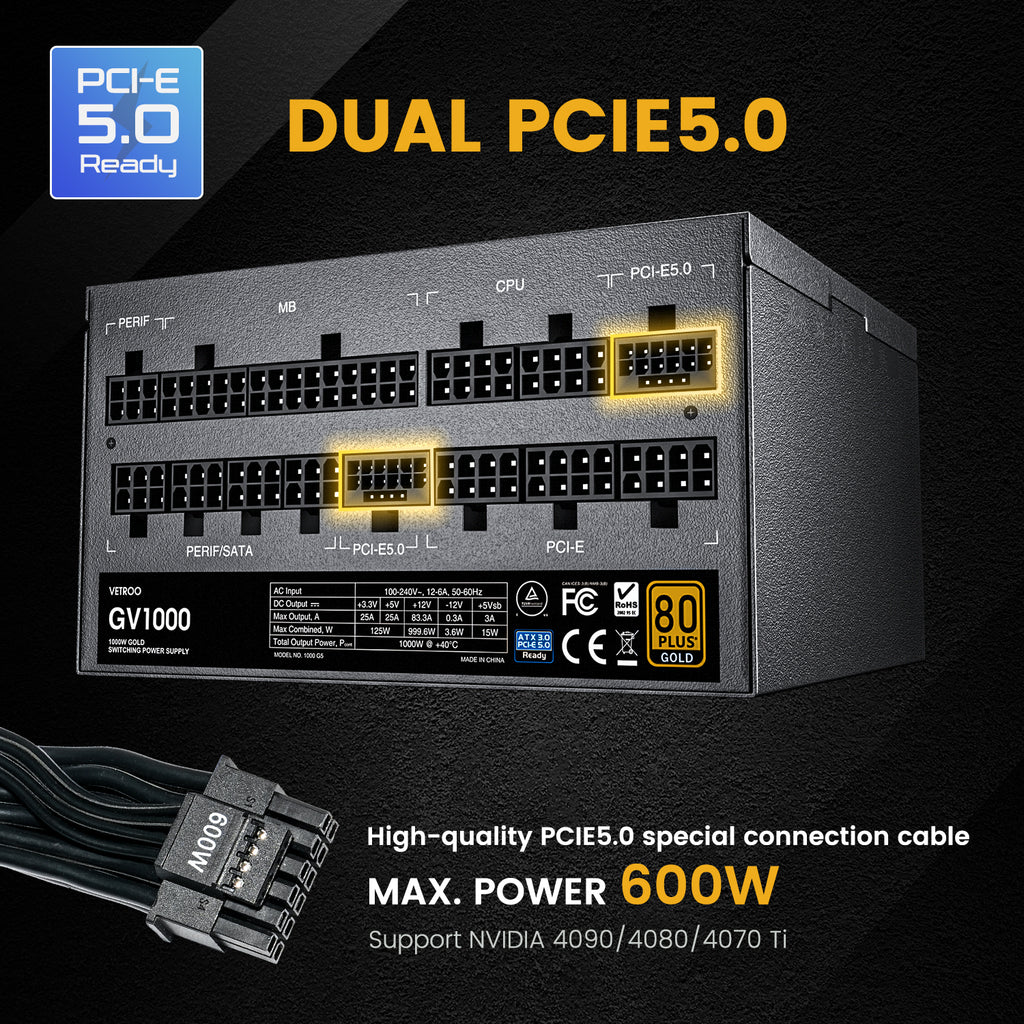 Vetroo 1000W Power Supply ATX 3.0 Ready, Dual PCIe 5.0, 80 Plus Gold